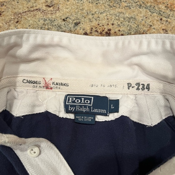 Ralph Lauren canoe & kayaks navy short sleeve rugby men’s Large distressed - Picture 2 of 2